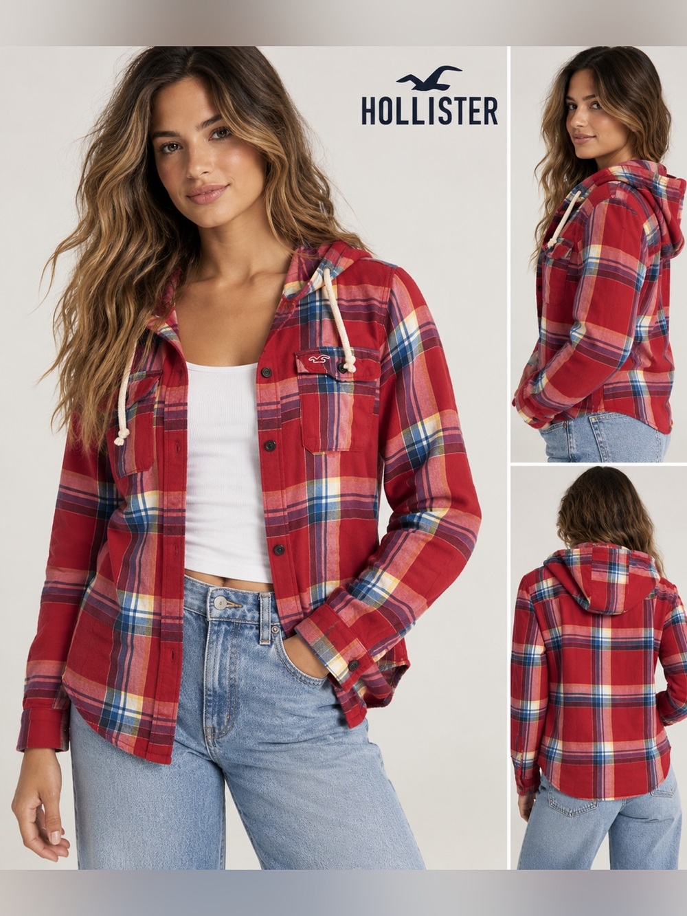 Hollister Y2K Red Plaid Hooded Shacket Shirt Jacket Size Large